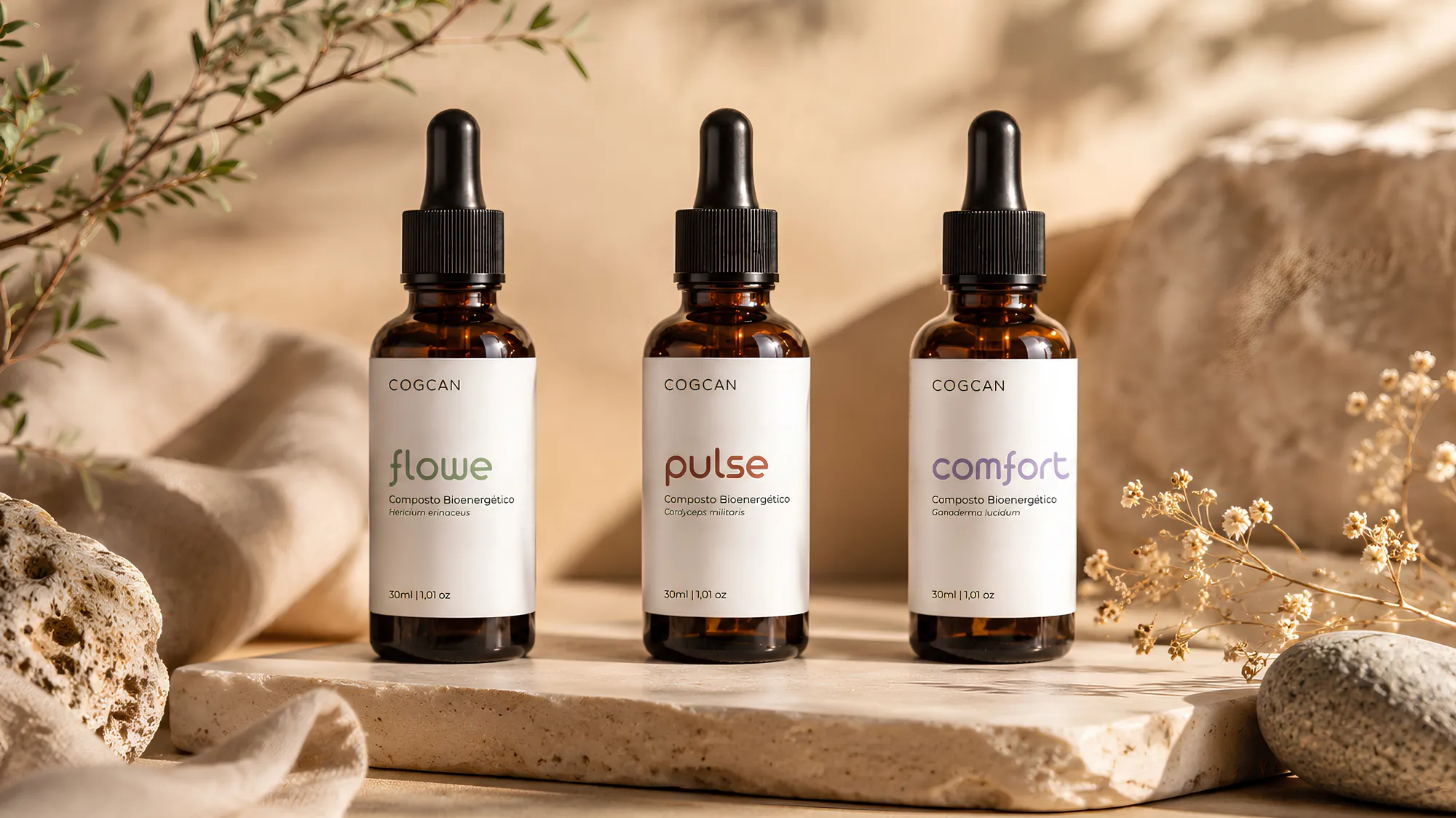 Meio-dia: os compostos flowe, pulse e comfort sobre travertino, em luz quente.