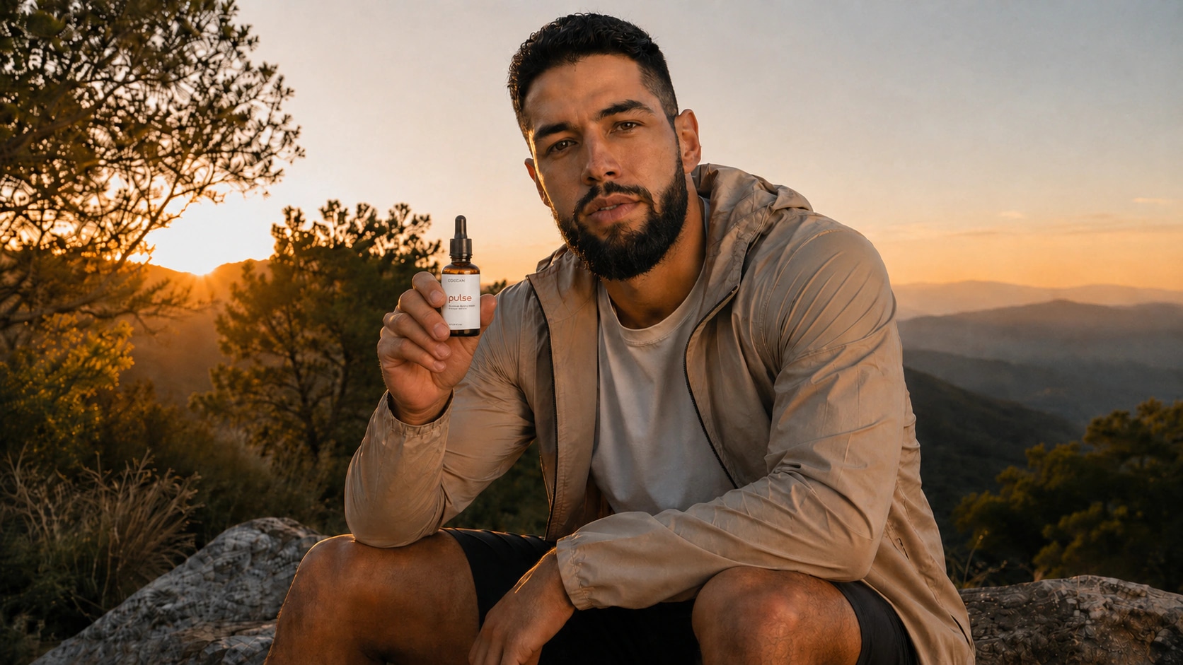 Homem segurando o composto COGCAN Pulse ao pôr do sol nas montanhas